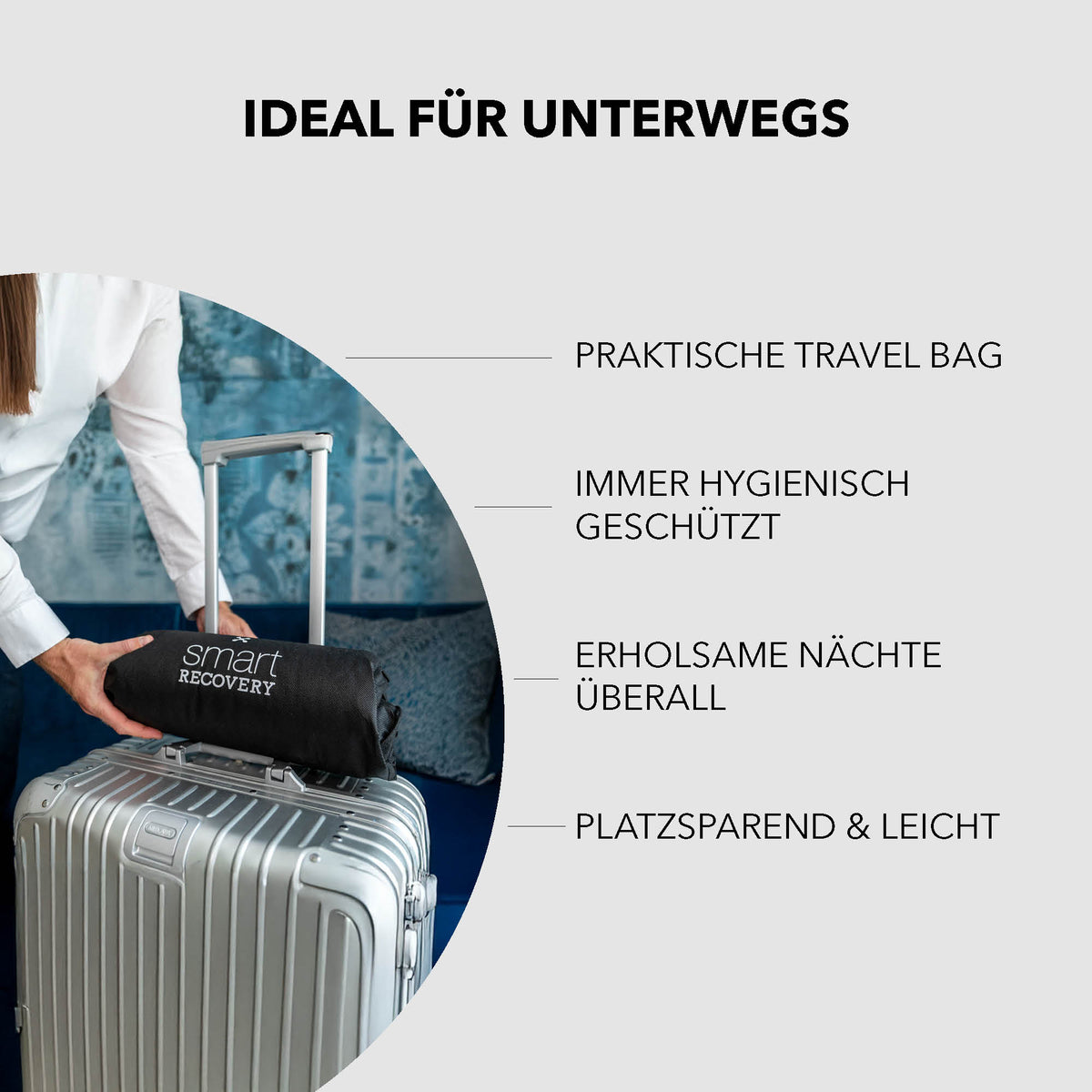 Das Recovery Pillow von smartsleep mit praktischer Reisetasche für unterwegs.