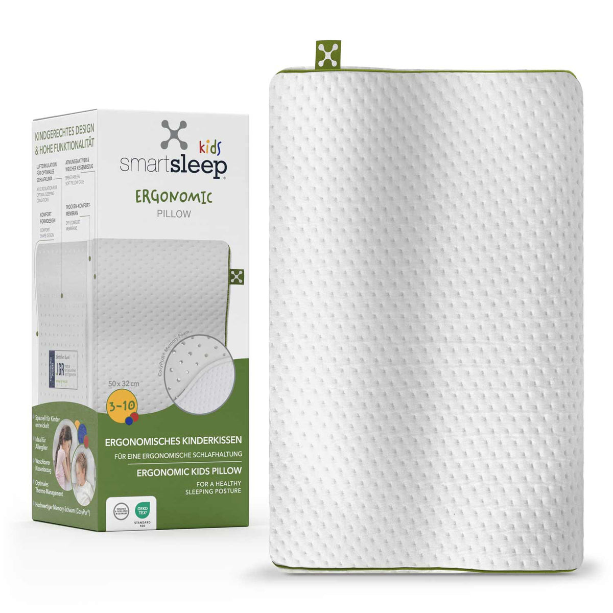 KIDS ERGONOMIC PILLOW designed for children aged 3-10, promotes healthy sleeping posture with medium-soft support.
