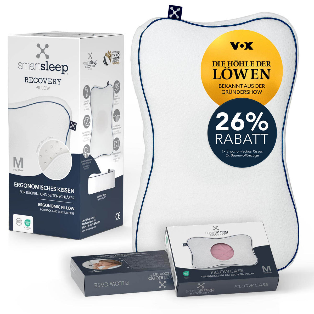 smartsleep Recovery Pillow mit Verpackung, zwei Baumwoll-Kissenbezügen und 26 % Rabattaktion