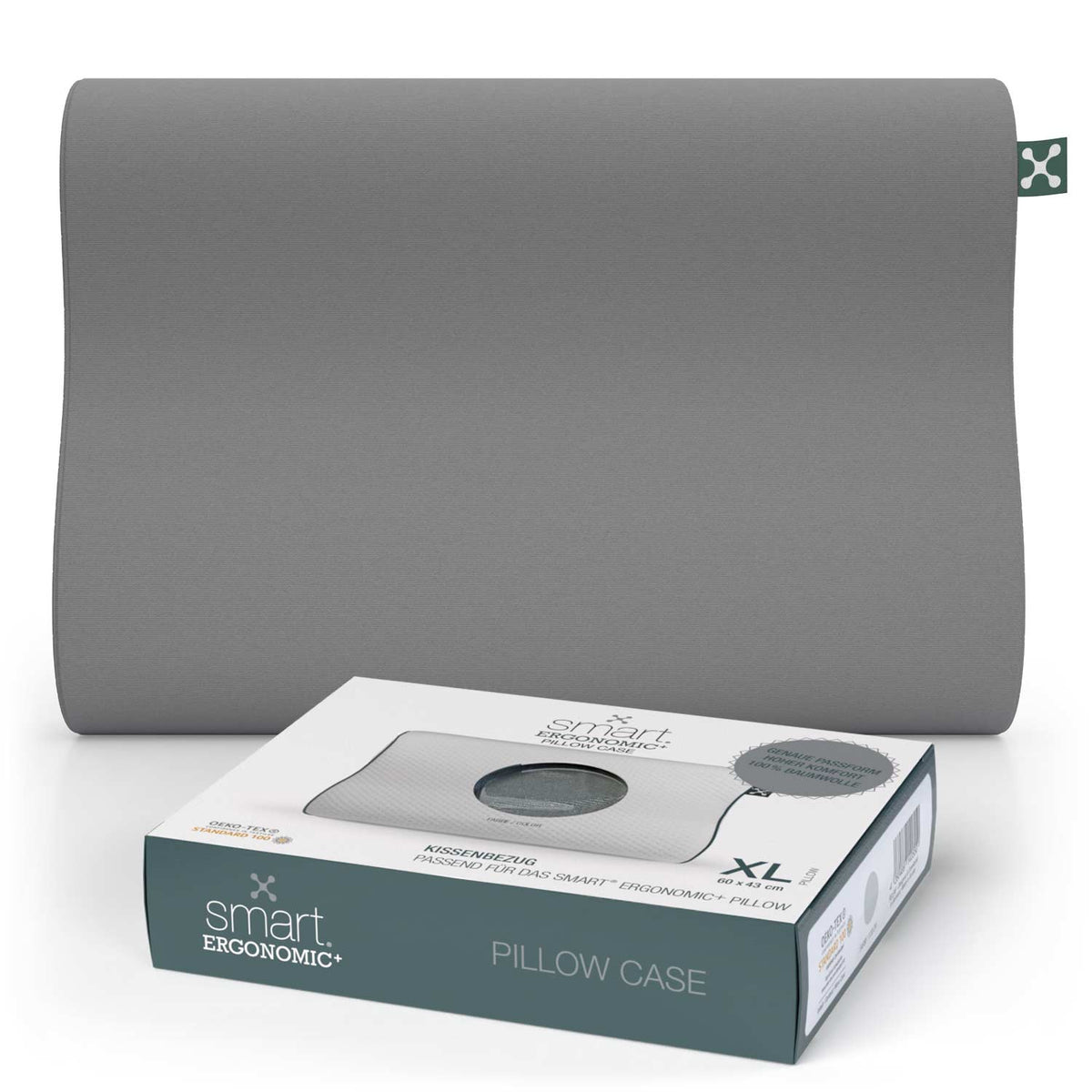 Grauer Kissenbezug smart® Ergonomic+ Pillow Case aus Baumwolle, weich und passgenau für das ergonomische Nackenstütz-Kopfkissen smart® Ergonomic Plus Pillow