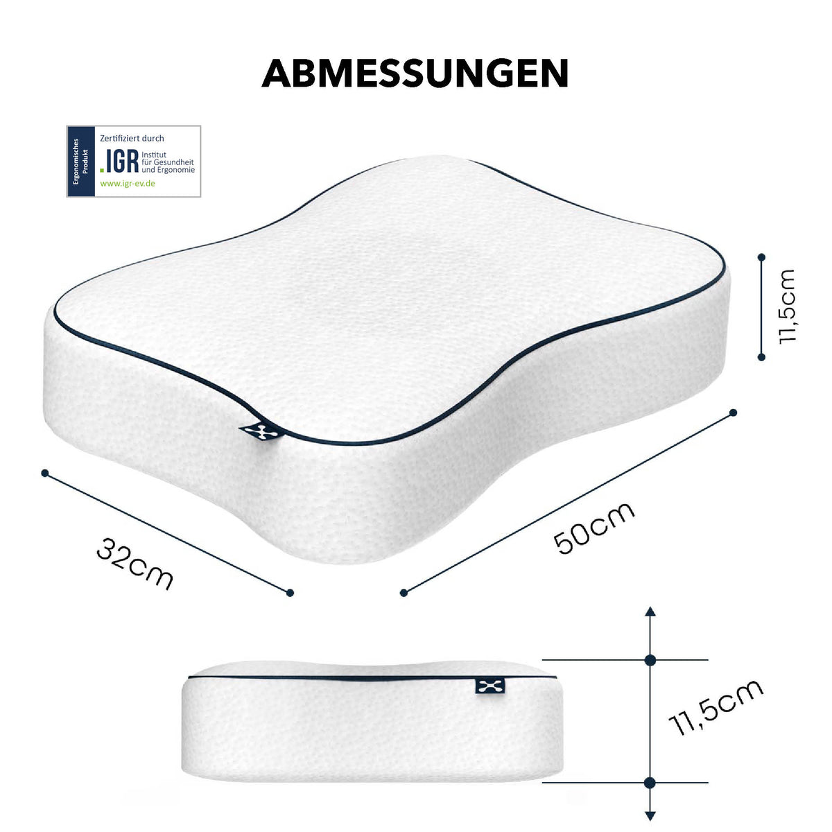 Abmessungen des Recovery Pillows von smartsleep mit 50 × 32 cm und einer ergonomischen Höhe von 7,5 bis 11,5 cm.