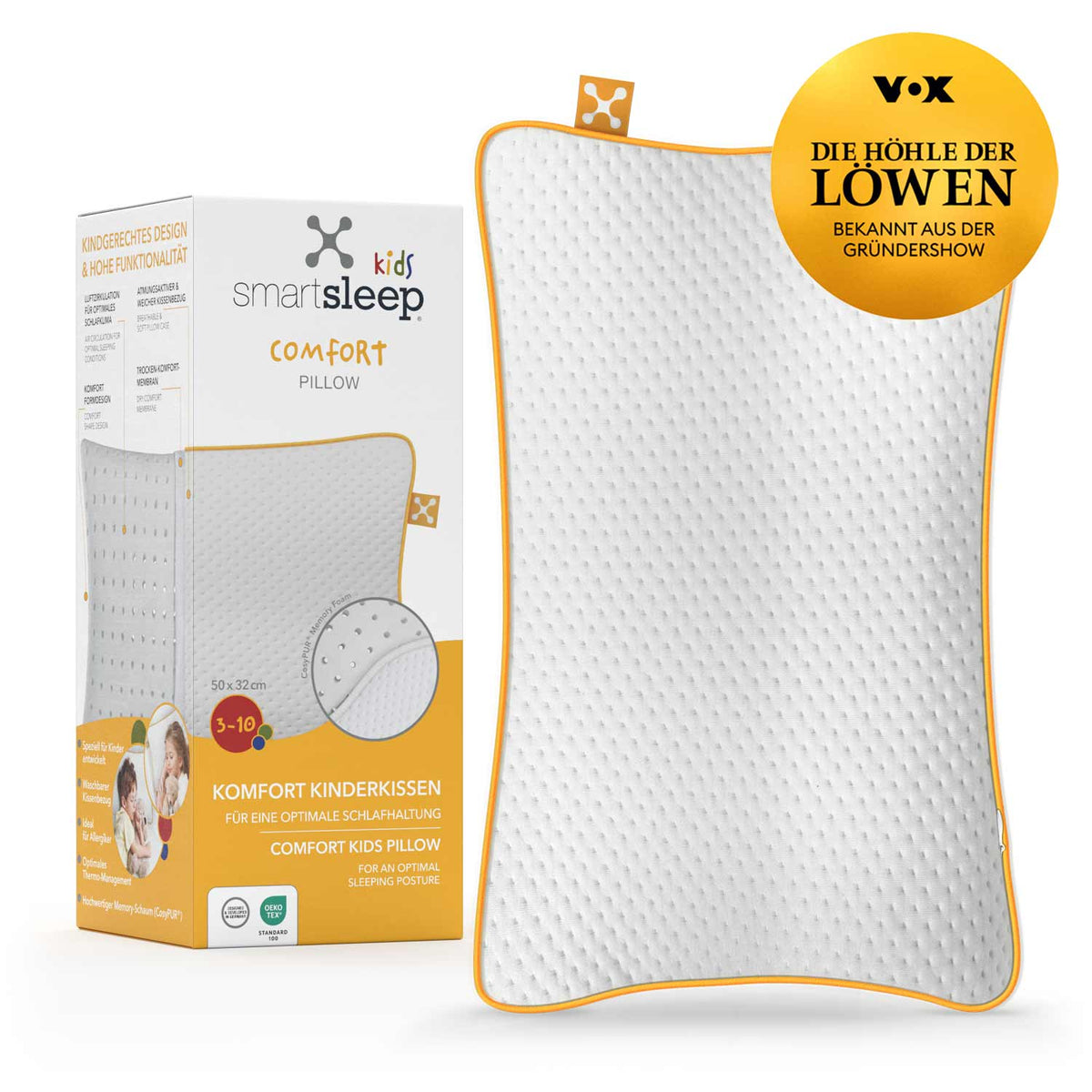 KIDS COMFORT PILLOW with medium-soft firmness, designed for children aged 5-10 for optimal sleep support.