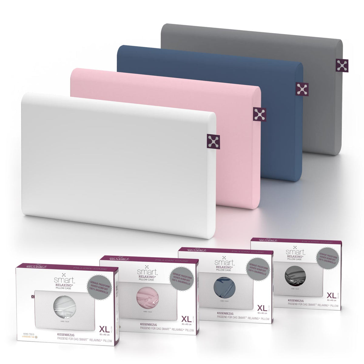 Weiche Kissenbezüge aus Baumwolle passgenau für das ergonomische Kopfkissen smart® Relaxing+ Pillow in den Farben Dunkelblau, Grau, Weiss, Rose
